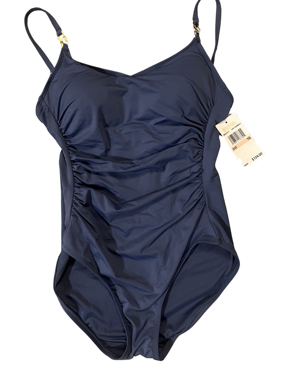 NWT Michael Kors One-Piece Ruched Gold Hardware Swimsuit | Chambry | Size 10